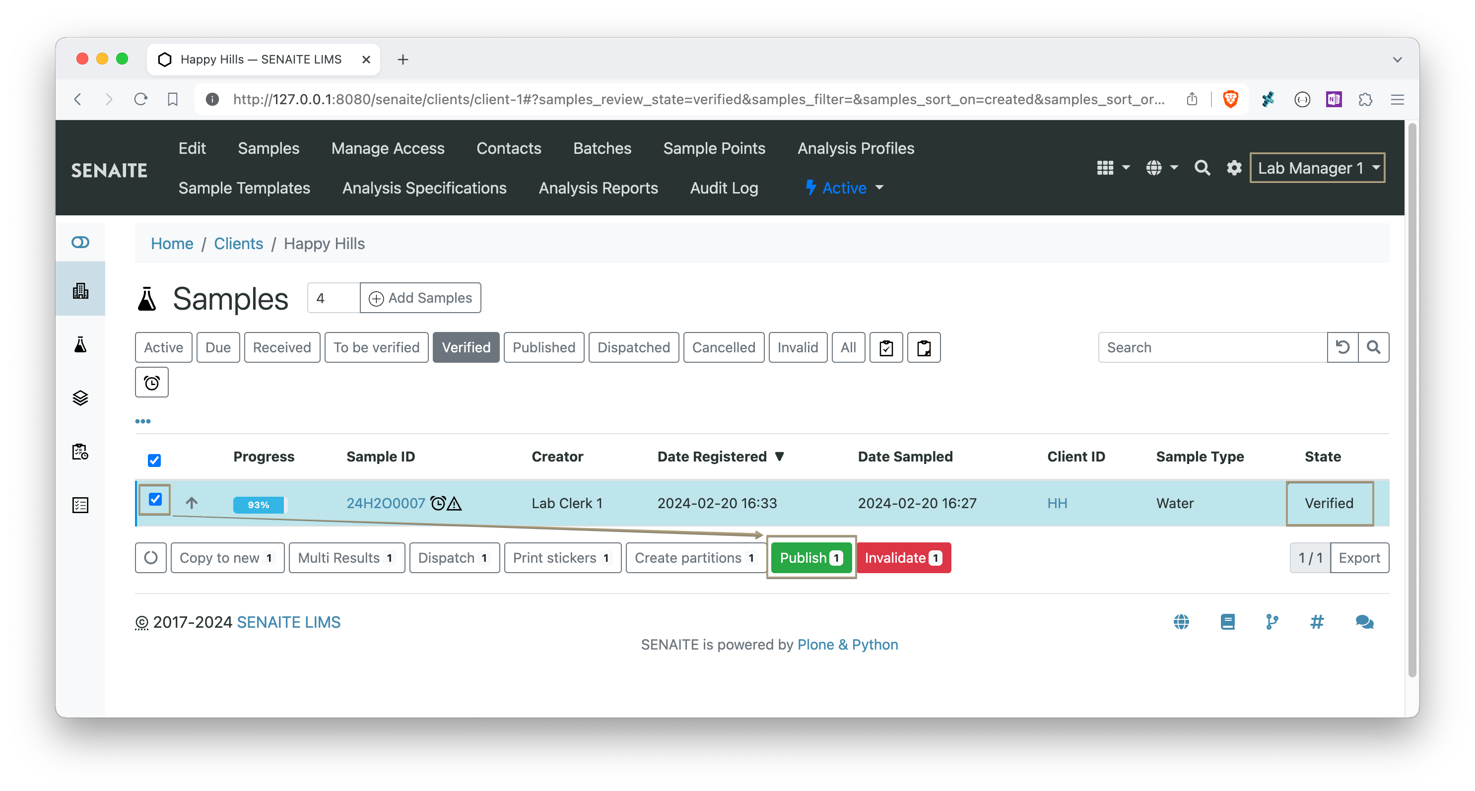 Sample listing — Publish button