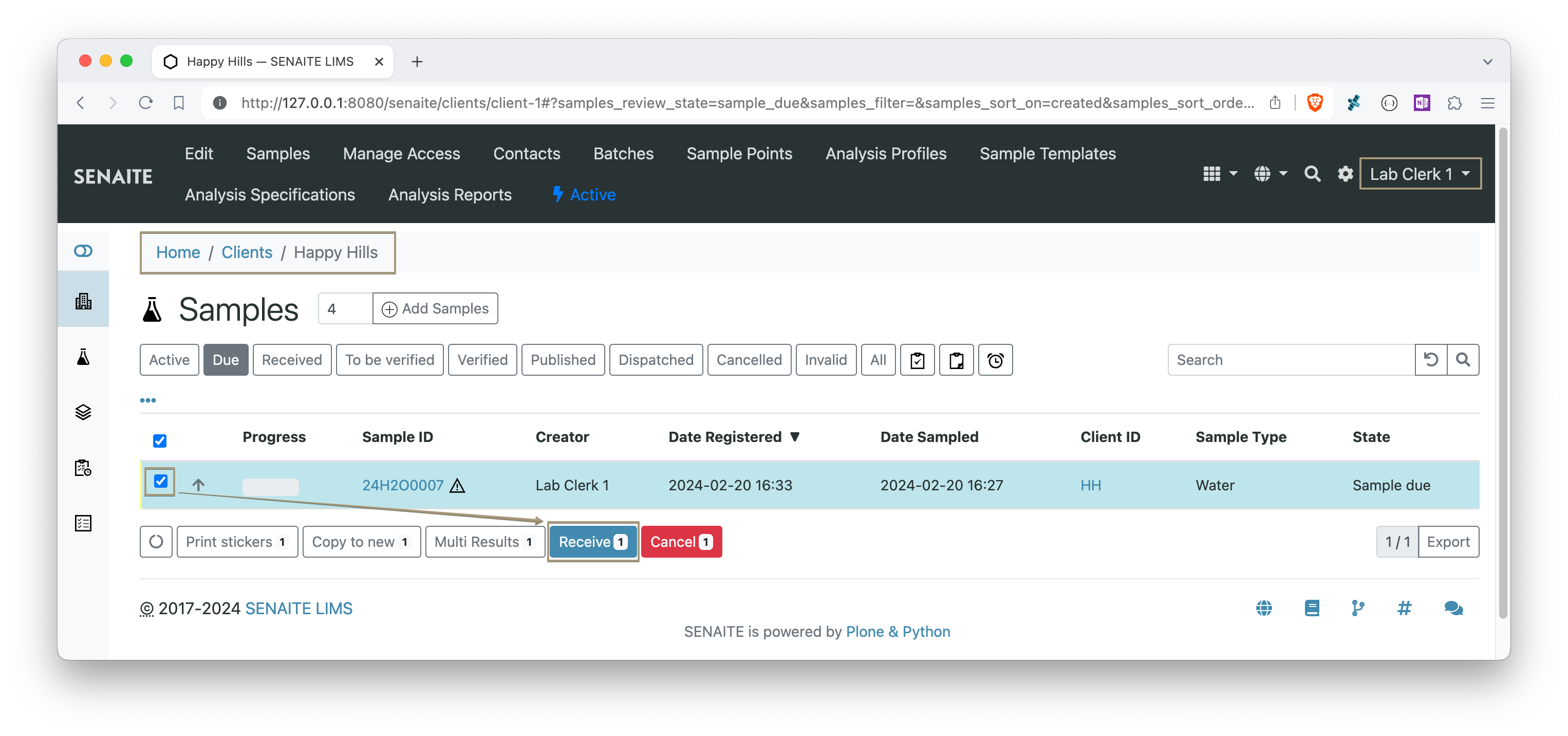 Sample listing — Receive button