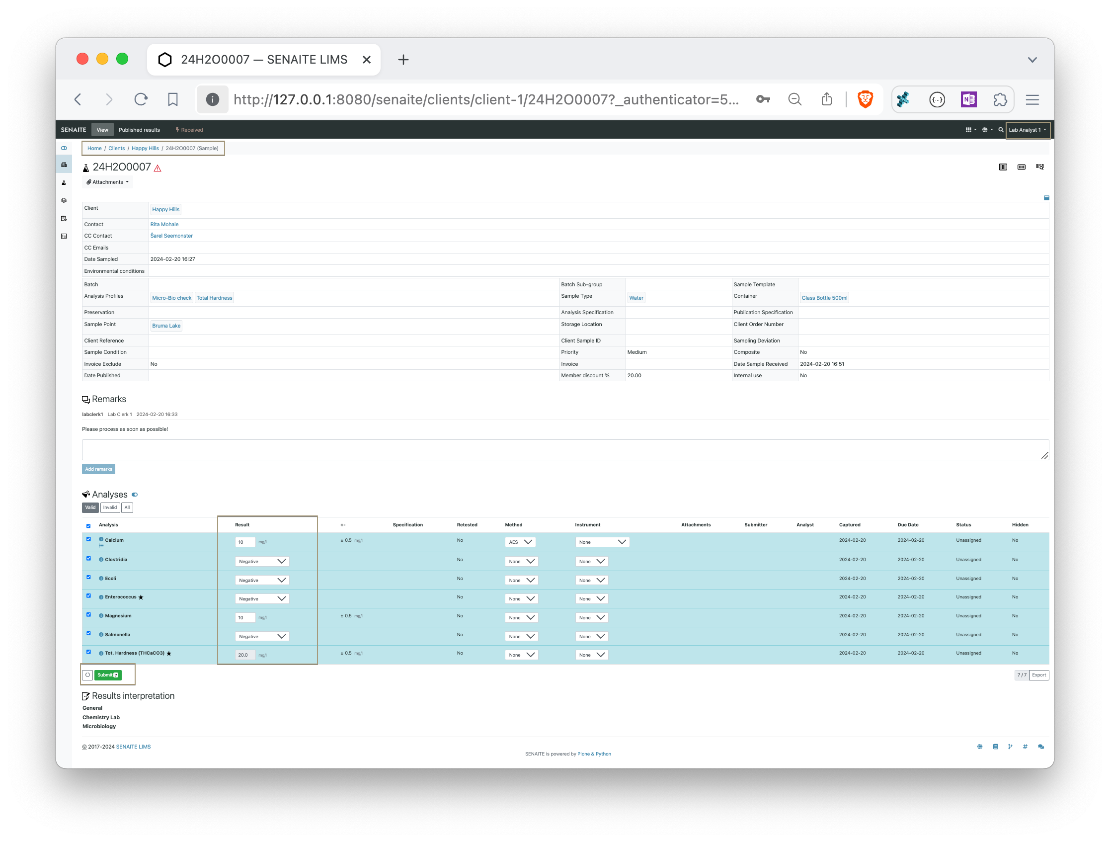 Sample view — Submit results