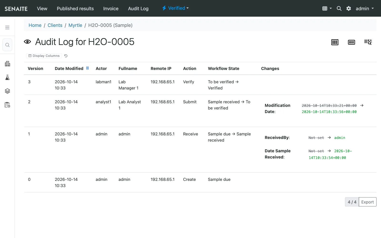 The audit log of a sample with versions, users, timestamps and the changed fields