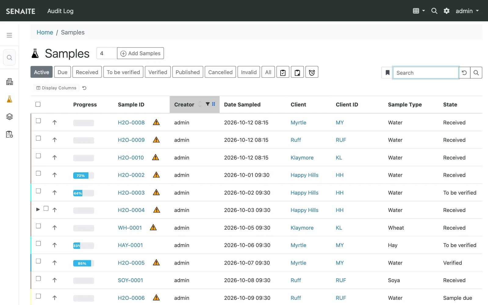 The SENAITE sample listing with samples in different states, their clients, sample types and due dates