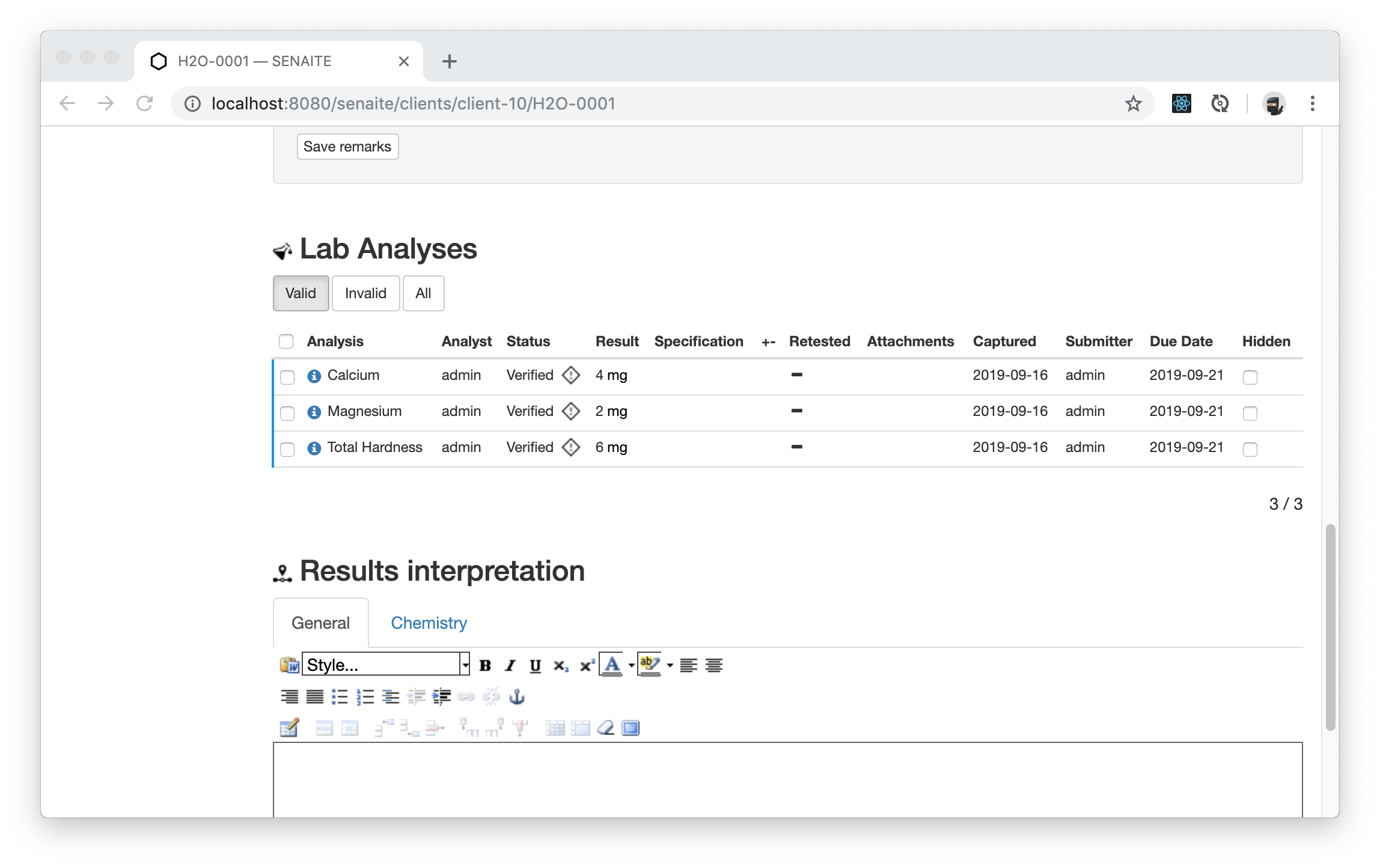 Sample Analyses · SENAITE